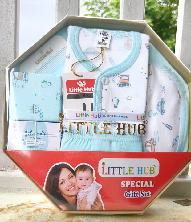 Image of LITTLE HUB Baby Boys & Baby Girls Cotton Gift Set (0–3 Months) – T-Shirt, Pant & Bib Combo (7 Piece Set)